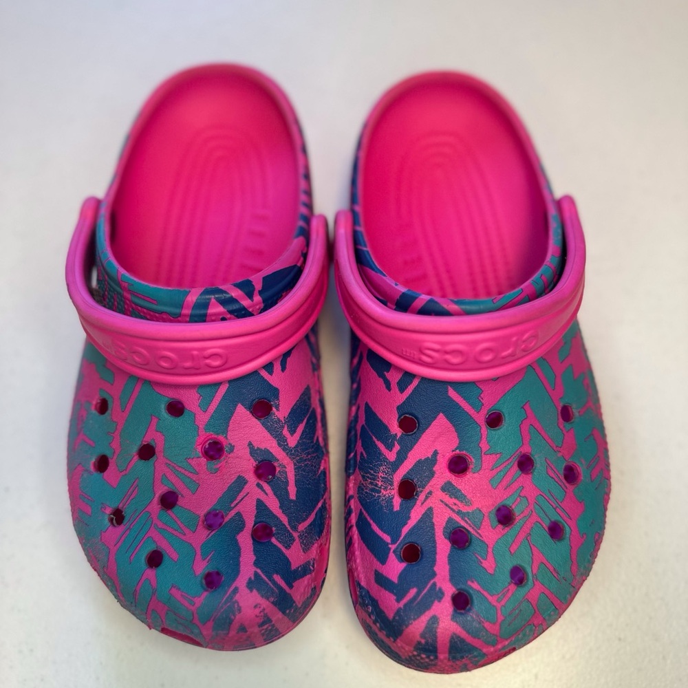 CROCS Pink and Blue Patterned Mules